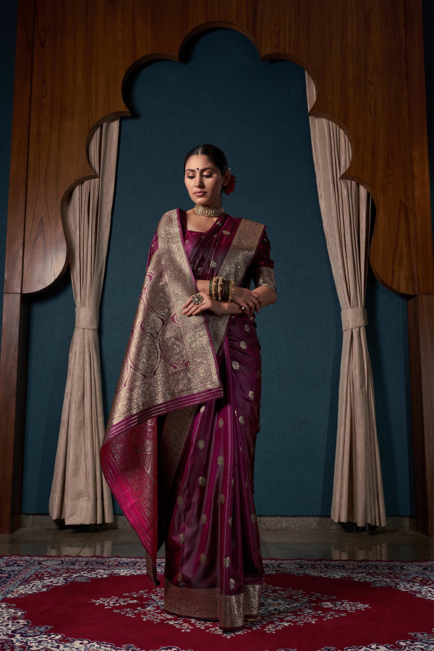 Wine Purple Banarasi Satin Silk