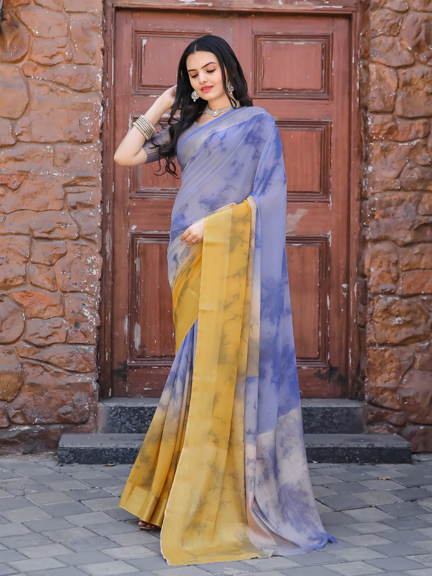 Tie Dye Lavender Gold Feather Soft Saree