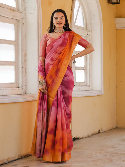 Tie Dye Pink Light Orange Feather Soft Saree