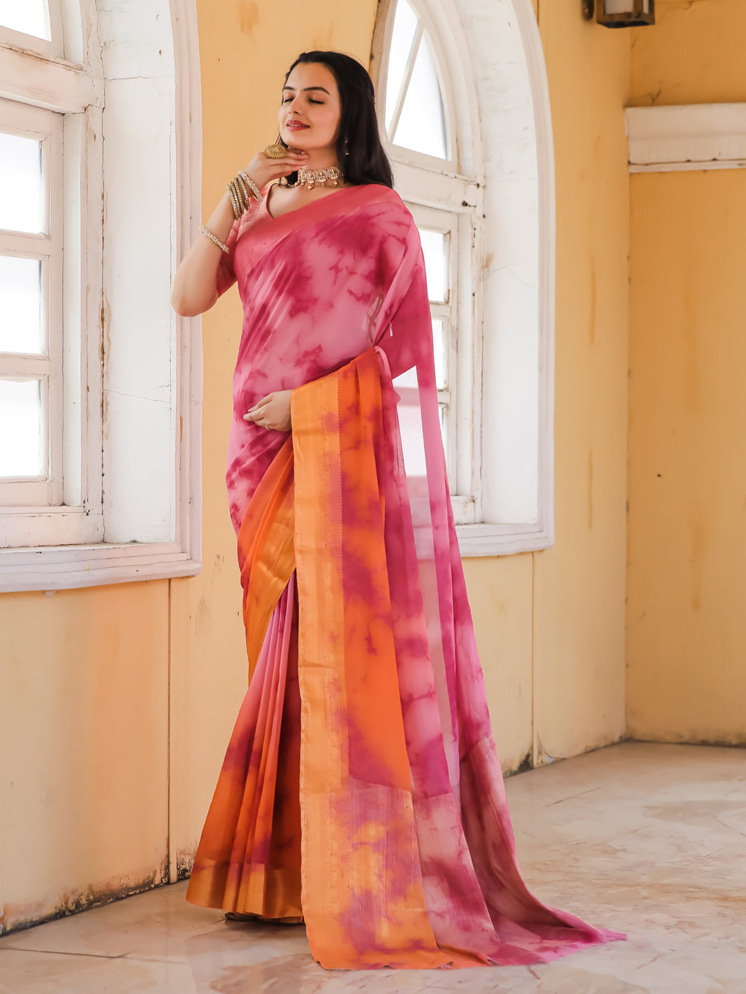 Tie Dye Pink Light Orange Feather Soft Saree