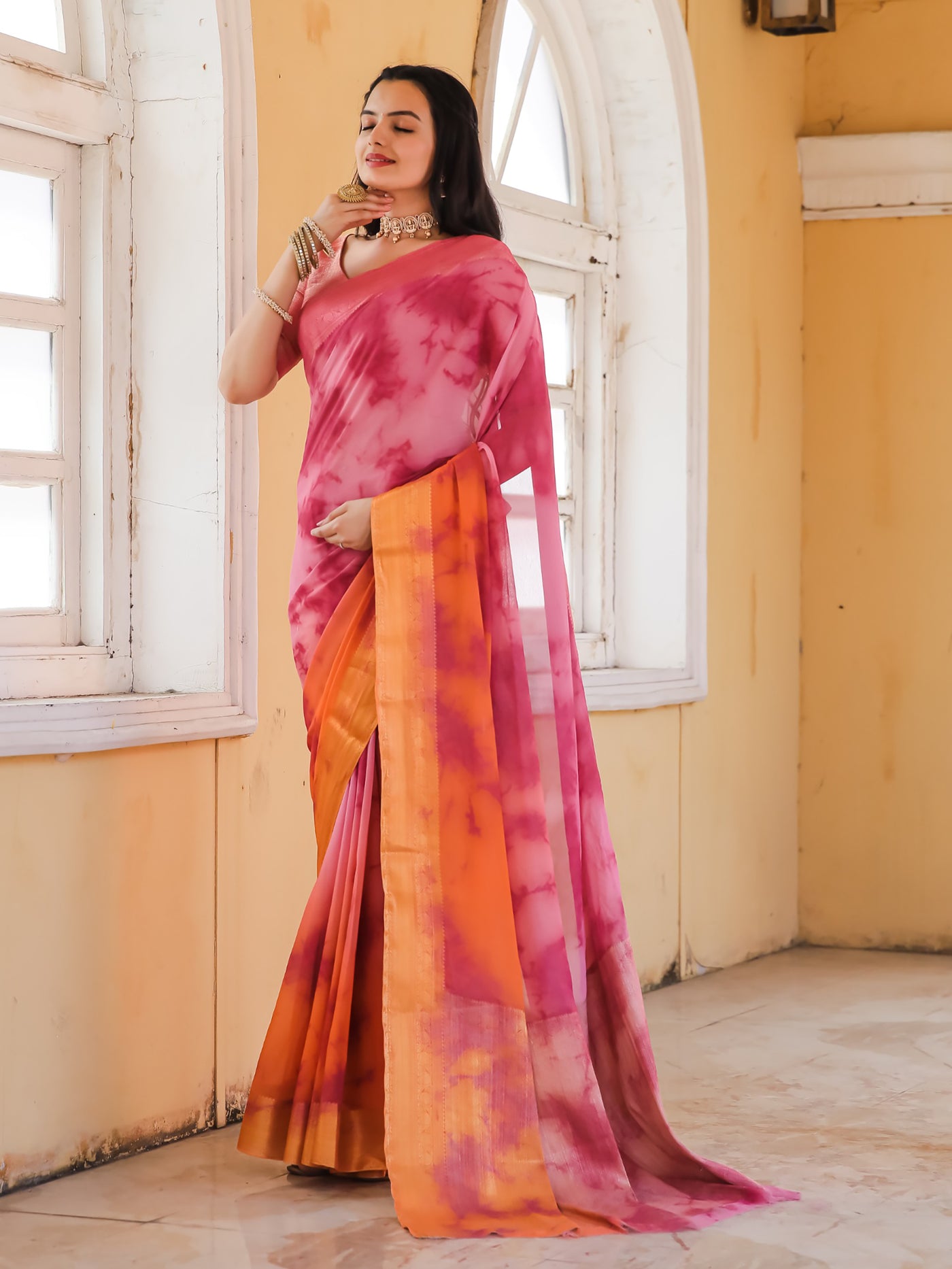 Tie Dye Pink Light Orange Feather Soft Saree