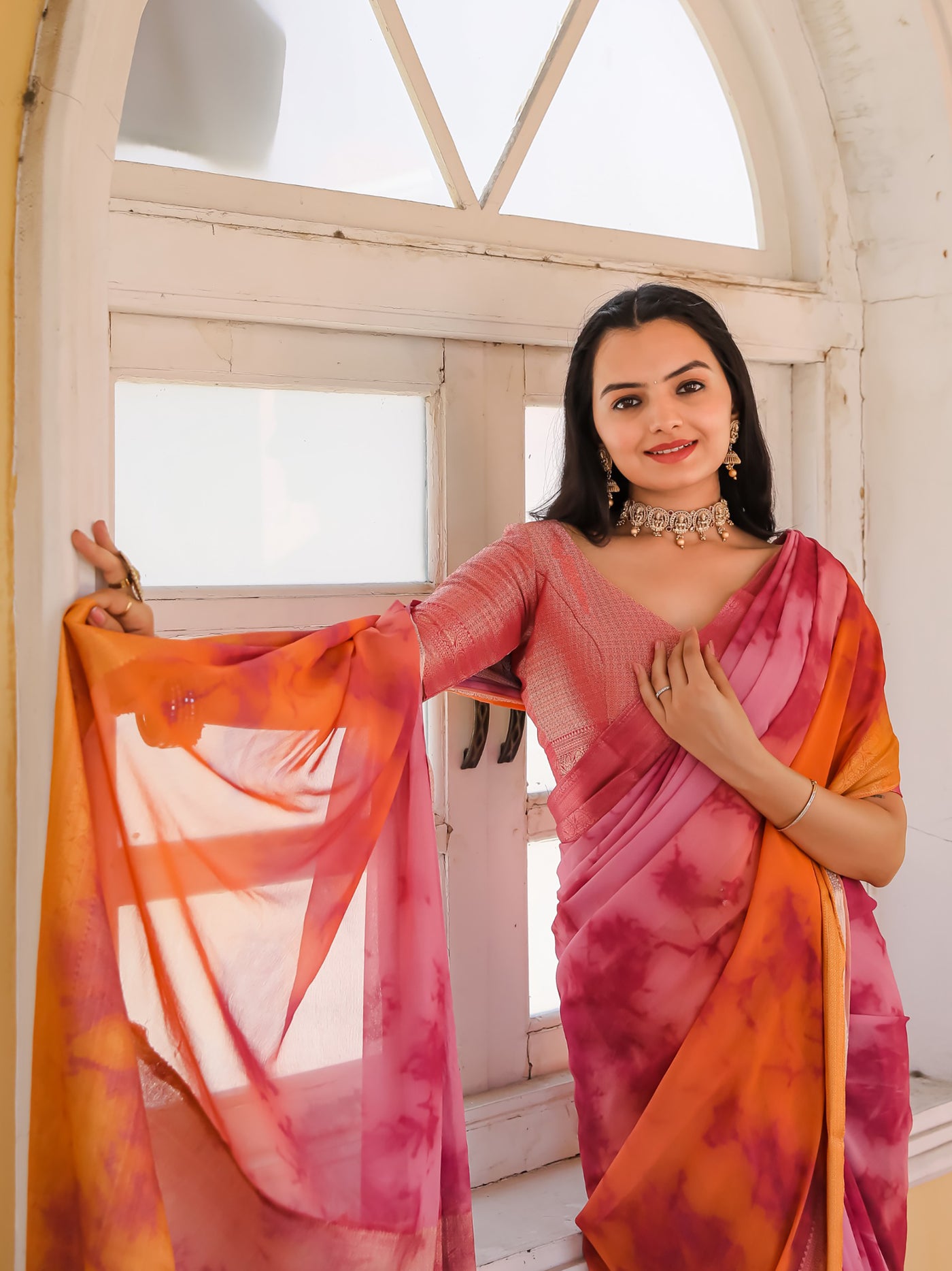 Tie Dye Pink Light Orange Feather Soft Saree