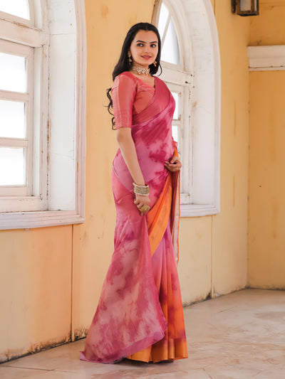 Tie Dye Pink Light Orange Feather Soft Saree