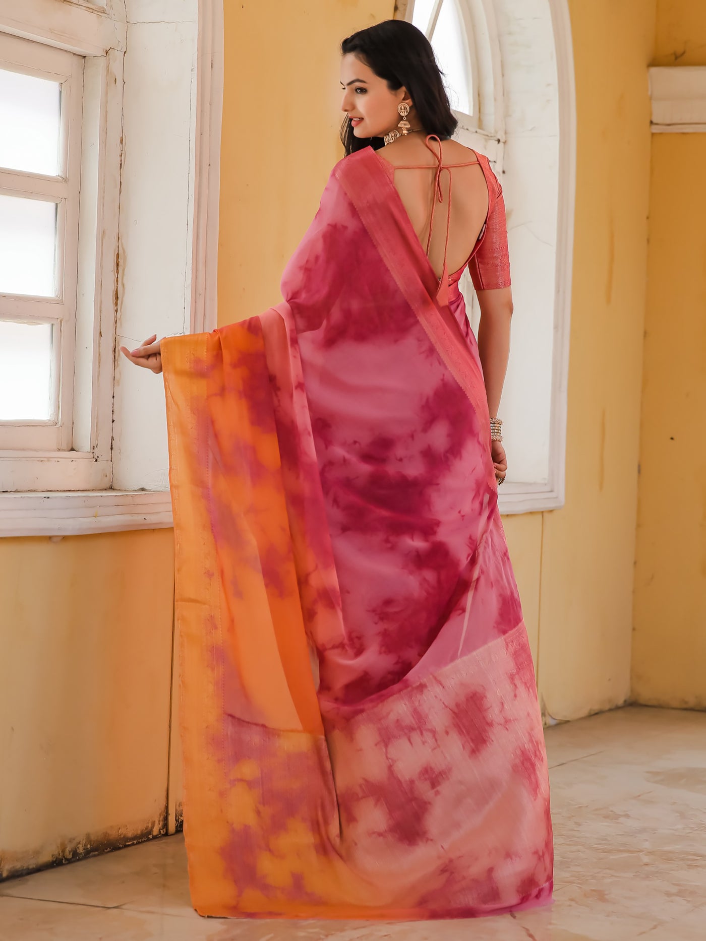 Tie Dye Pink Light Orange Feather Soft Saree