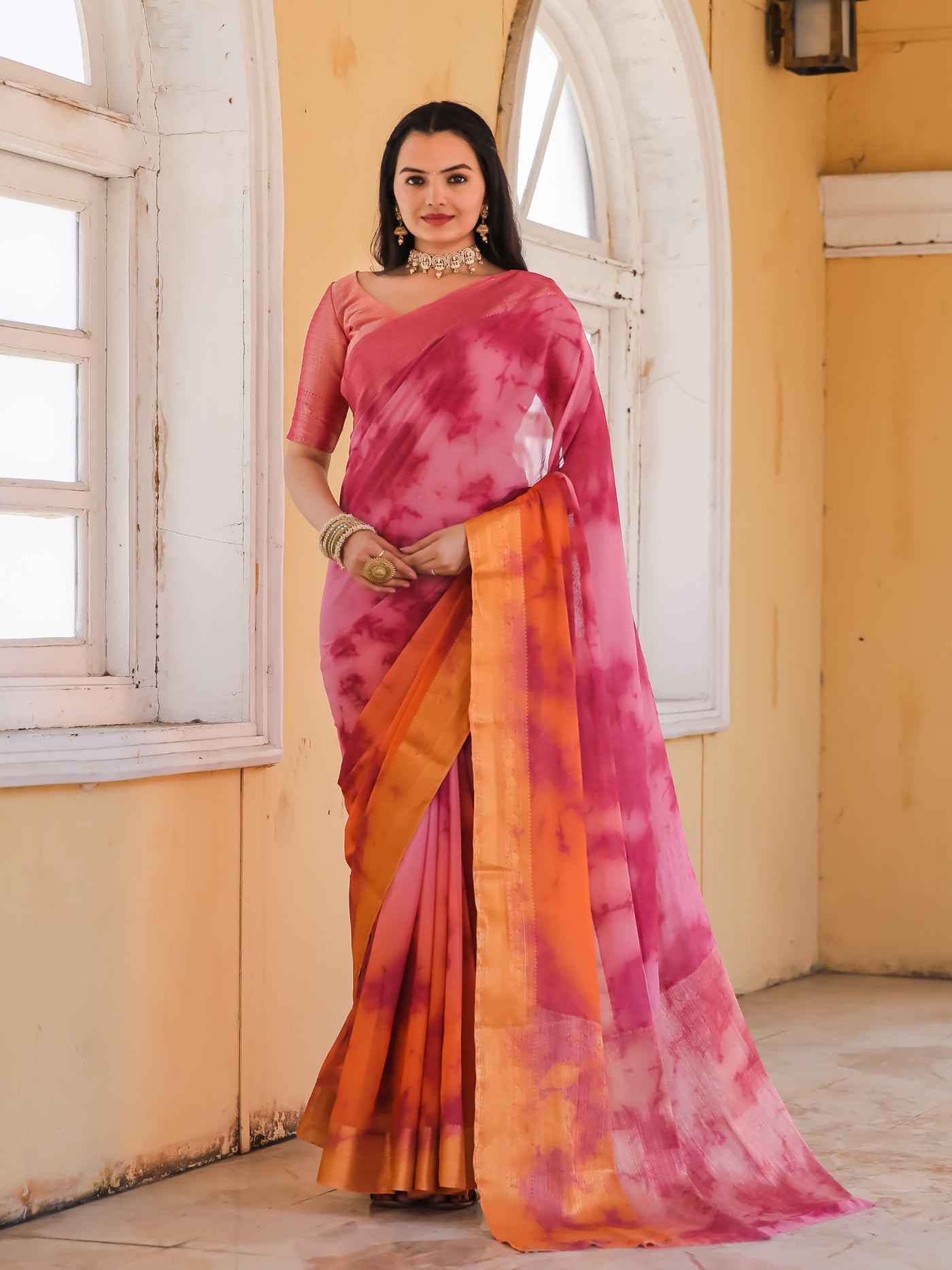 Tie Dye Pink Light Orange Feather Soft Saree