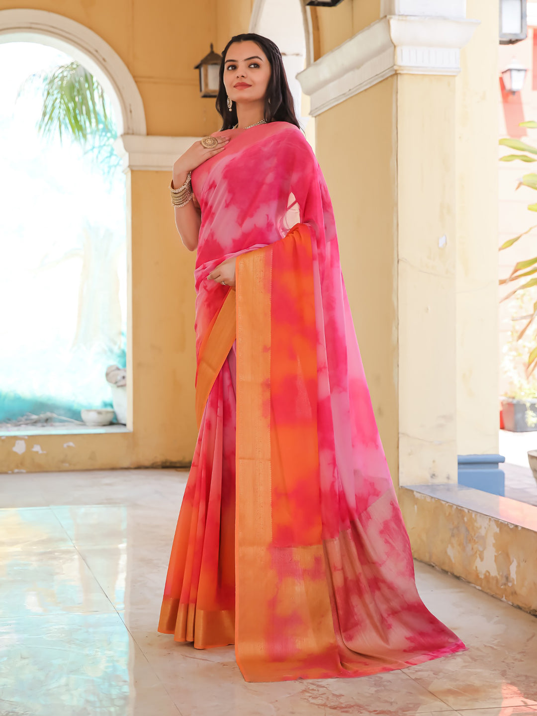Tie Dye Pink Peach Feather Soft Saree