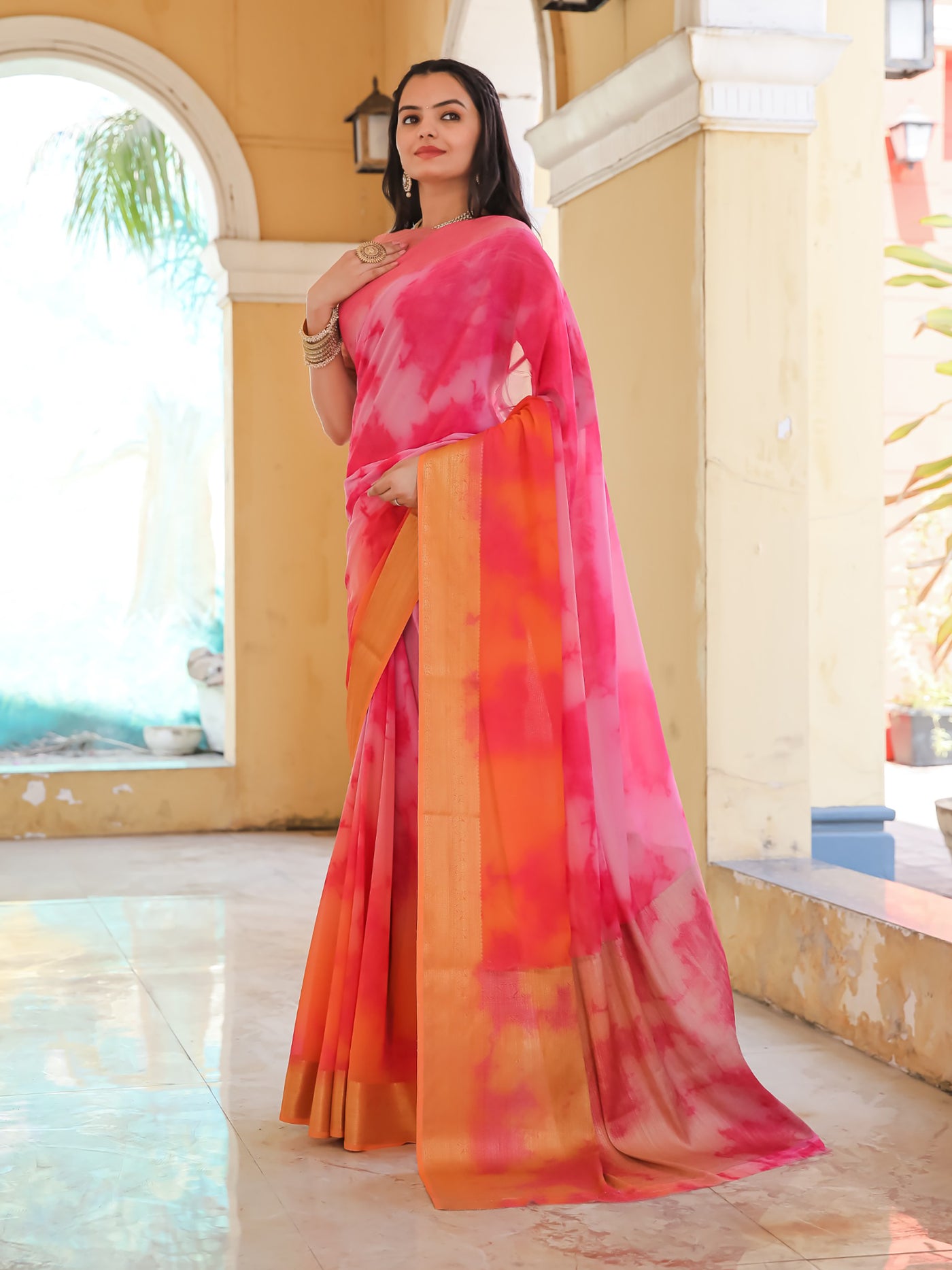 Tie Dye Pink Peach Feather Soft Saree