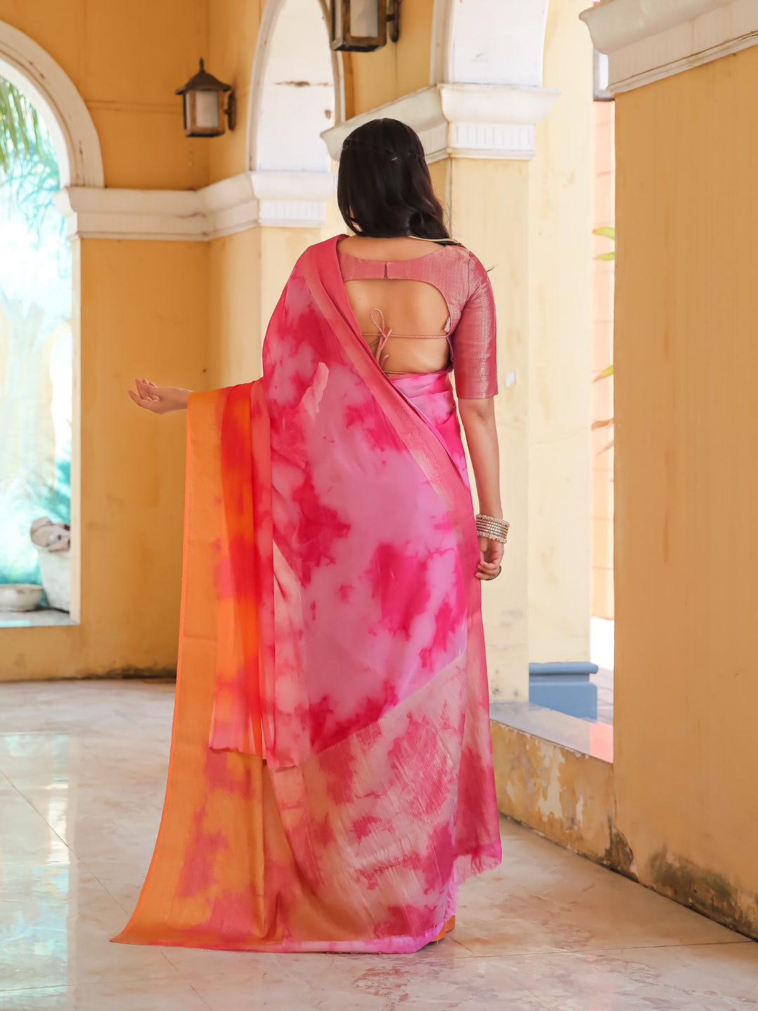Tie Dye Pink Peach Feather Soft Saree