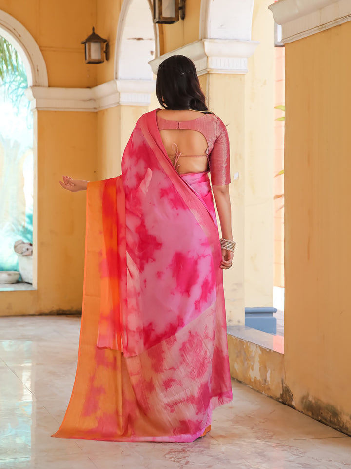 Tie Dye Pink Peach Feather Soft Saree