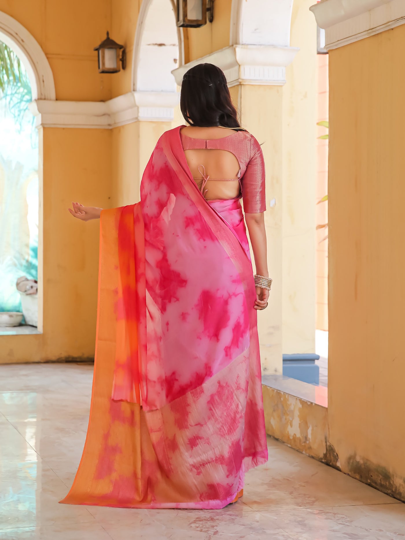 Tie Dye Pink Peach Feather Soft Saree