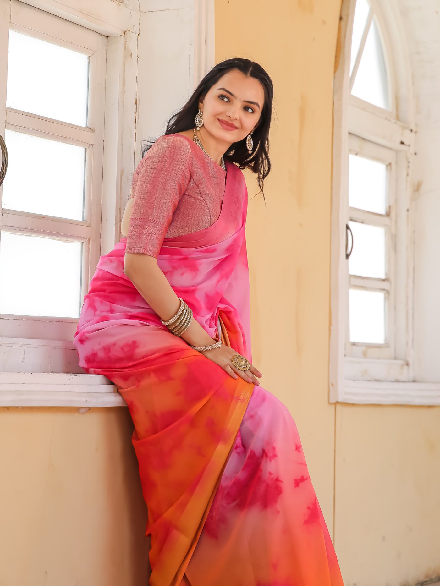 Tie Dye Pink Peach Feather Soft Saree