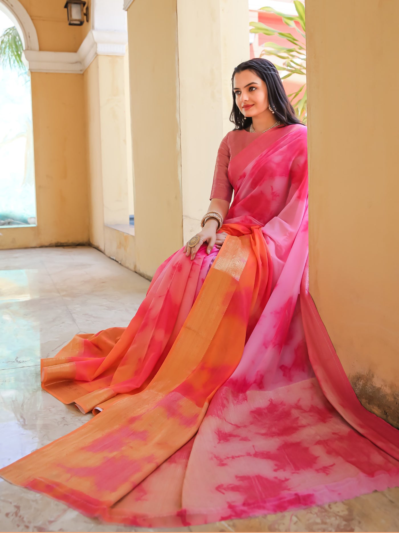 Tie Dye Pink Peach Feather Soft Saree