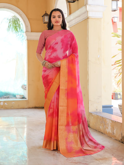 Tie Dye Pink Peach Feather Soft Saree