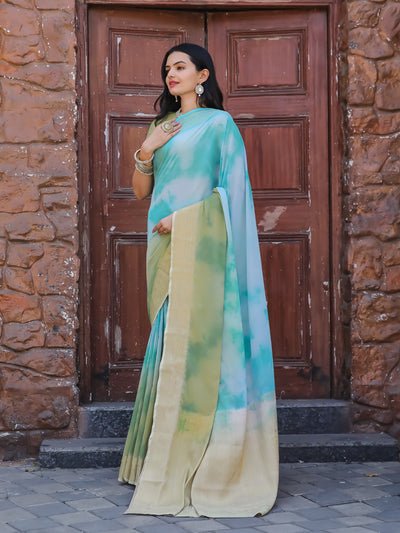 Tie Dye Light Turquoise Green Feather Soft Saree