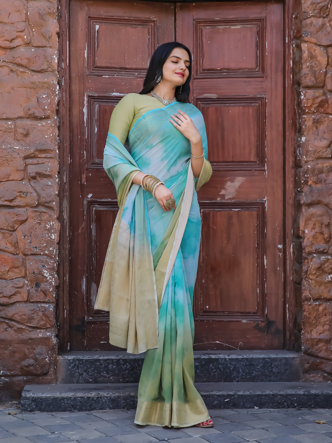 Tie Dye Light Turquoise Green Feather Soft Saree