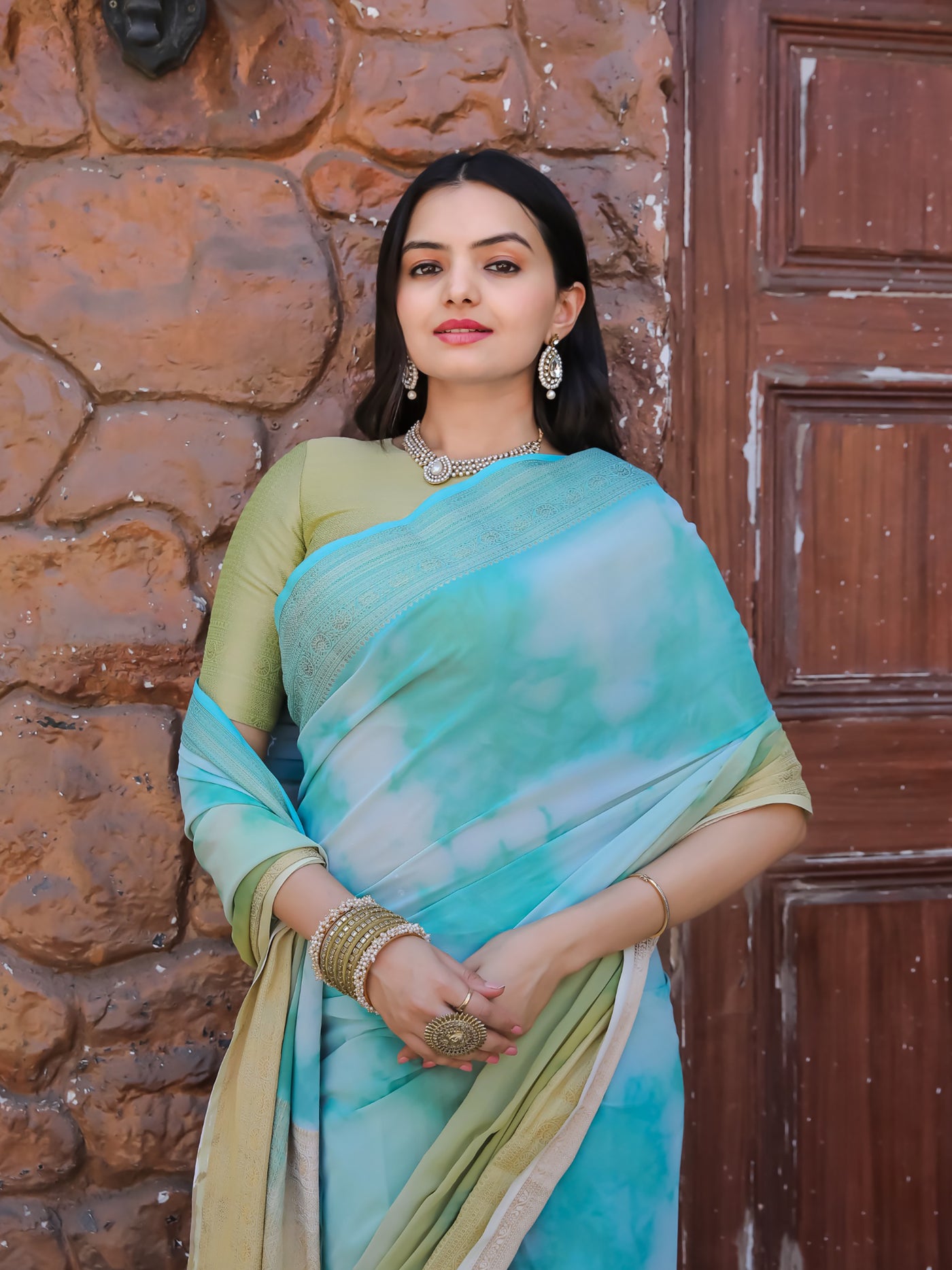 Tie Dye Light Turquoise Green Feather Soft Saree