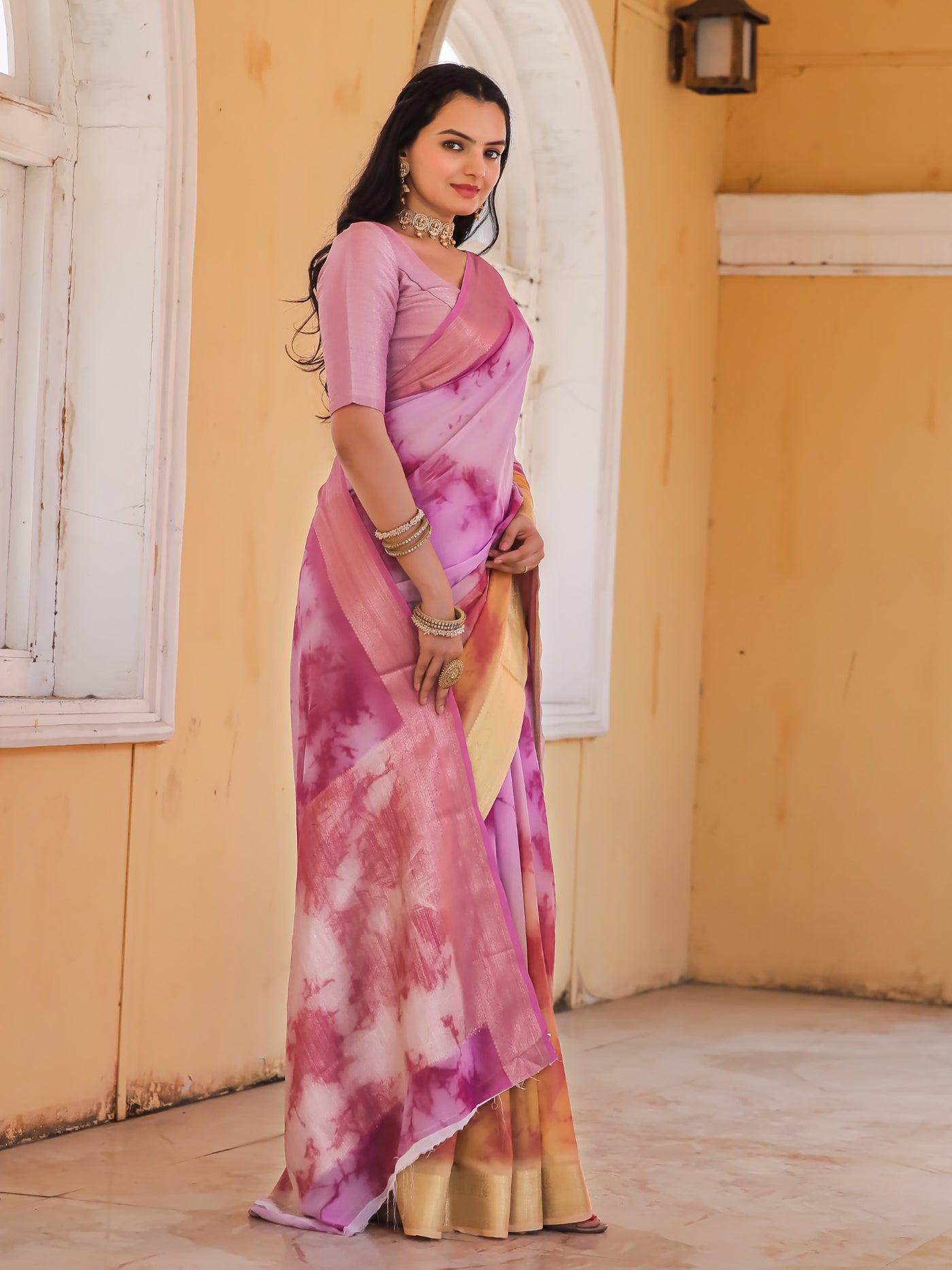 Tie Dye Purple Light Pink Feather Soft Saree