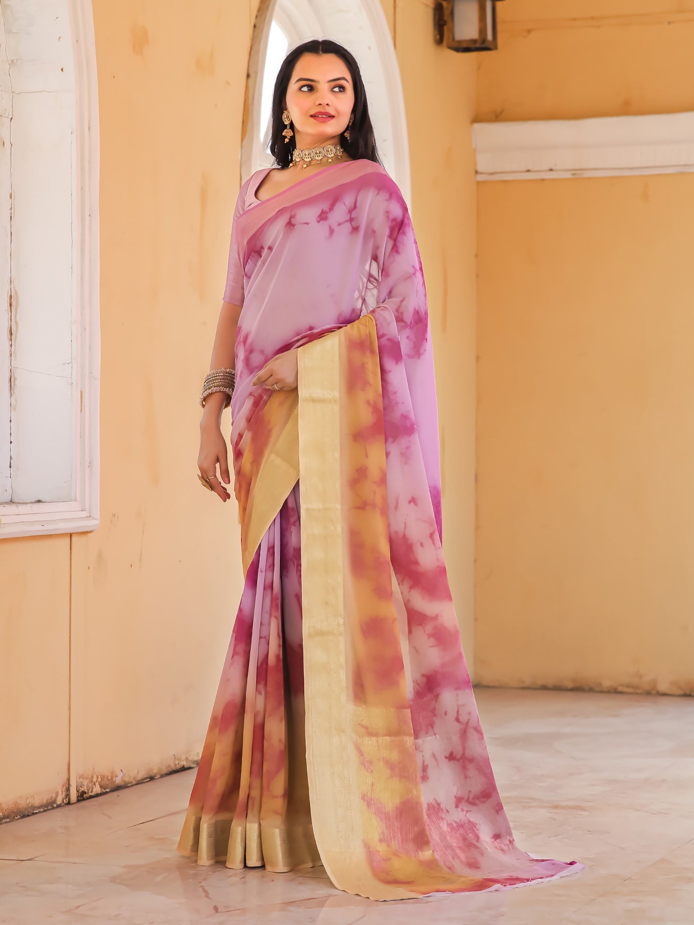 Tie Dye Purple Light Pink Feather Soft Saree