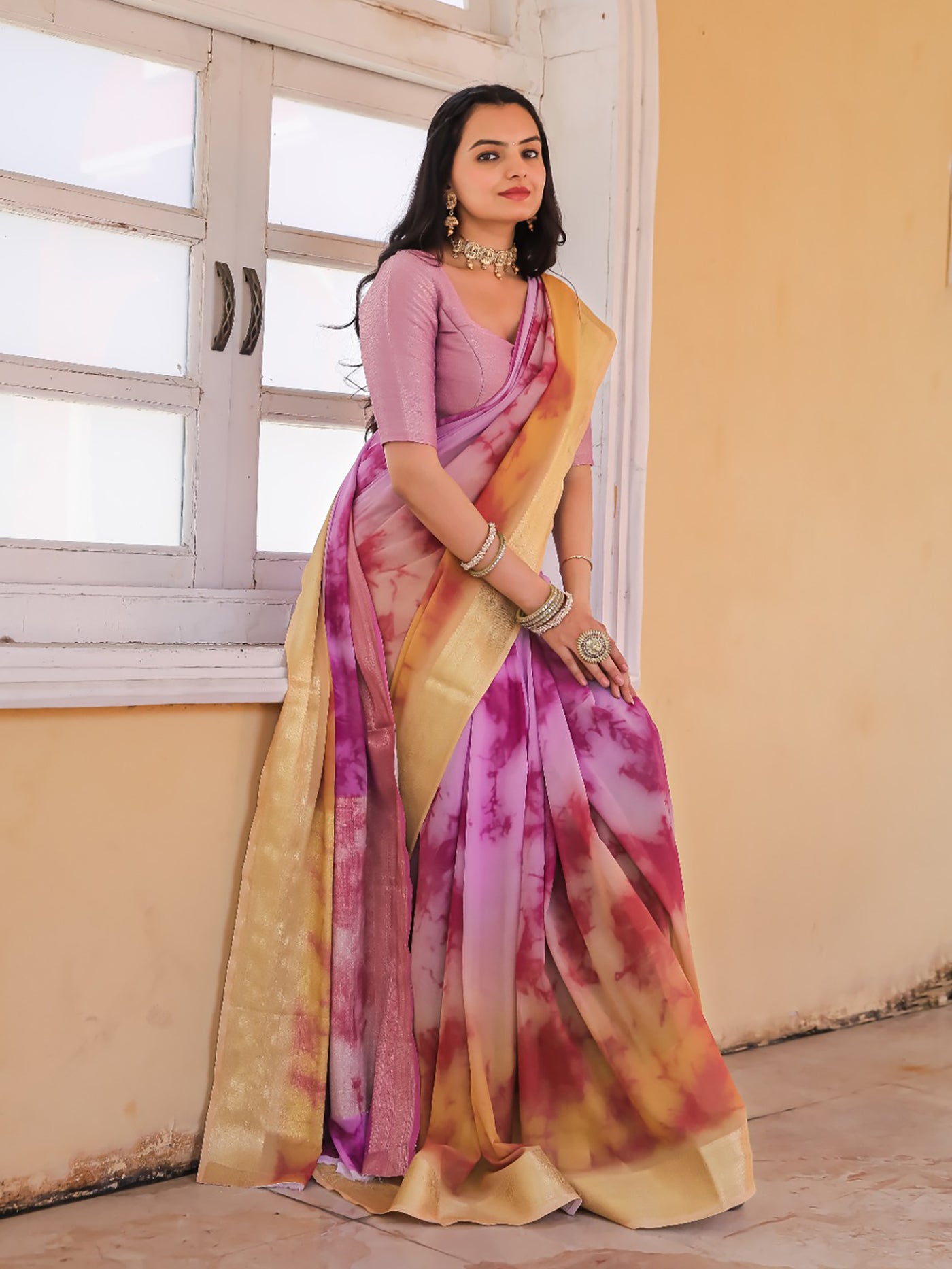 Tie Dye Purple Light Pink Feather Soft Saree