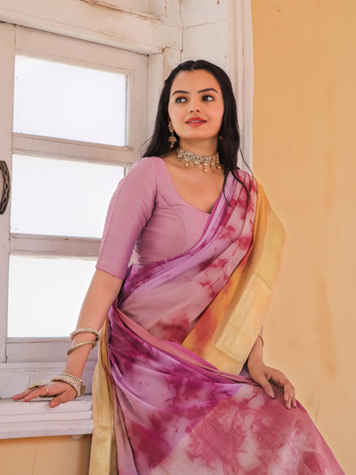 Tie Dye Purple Light Pink Feather Soft Saree