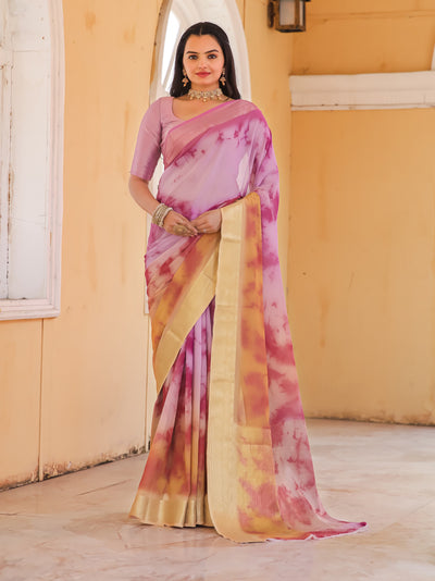 Tie Dye Purple Light Pink Feather Soft Saree