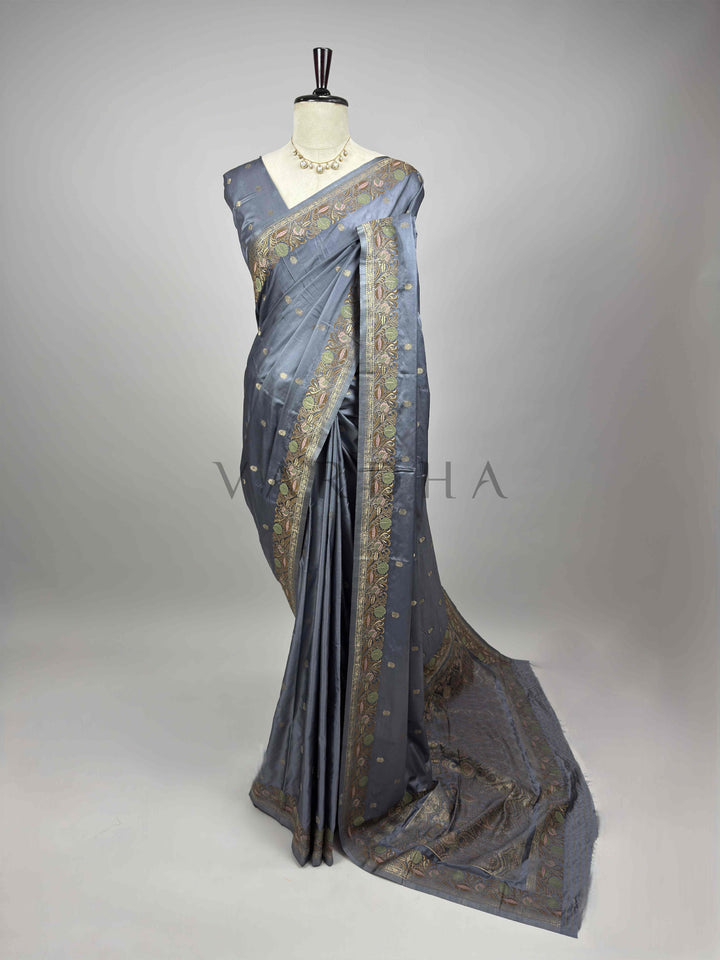 Grey Traditional Jamawar Satin Saree for Weddings &amp; Celebrations