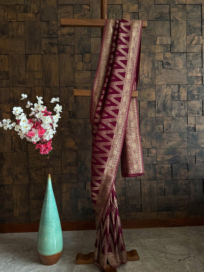 Wine maroon soft georgette saree with rich gold zari woven pallu