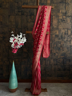 Cherry red soft georgette saree with golden zari woven pallu and border