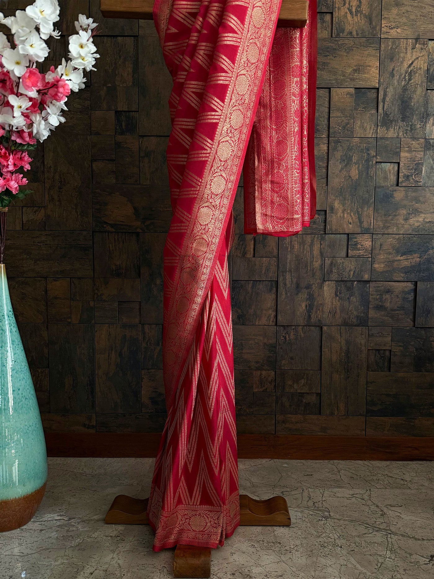 Karva Chauth look saree in georgette with gold motifs and border