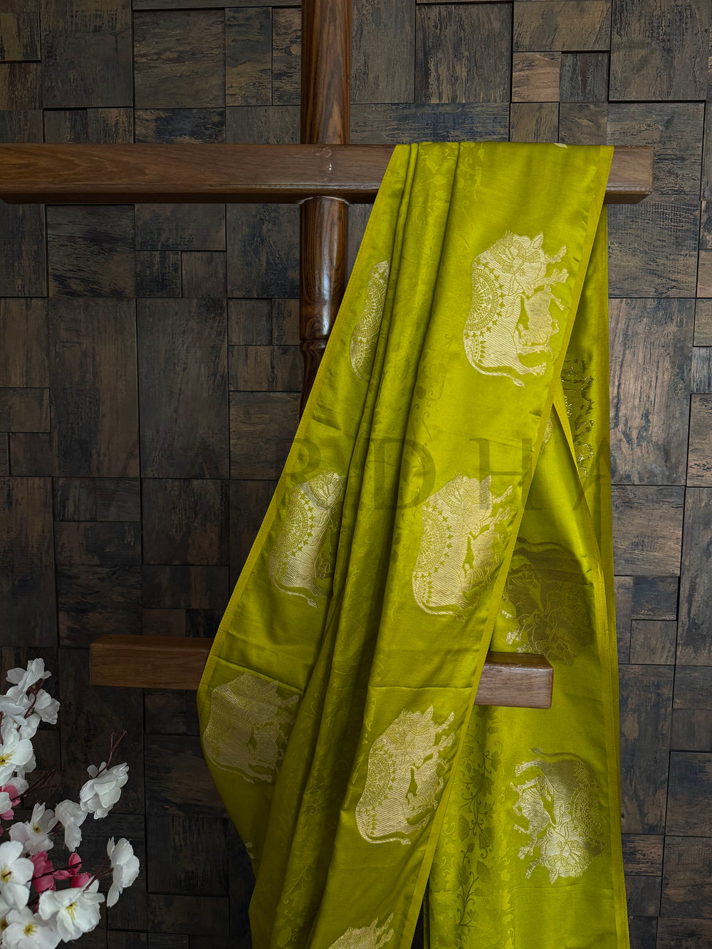 Traditional satin saree with gold elephant work for pooja and rituals