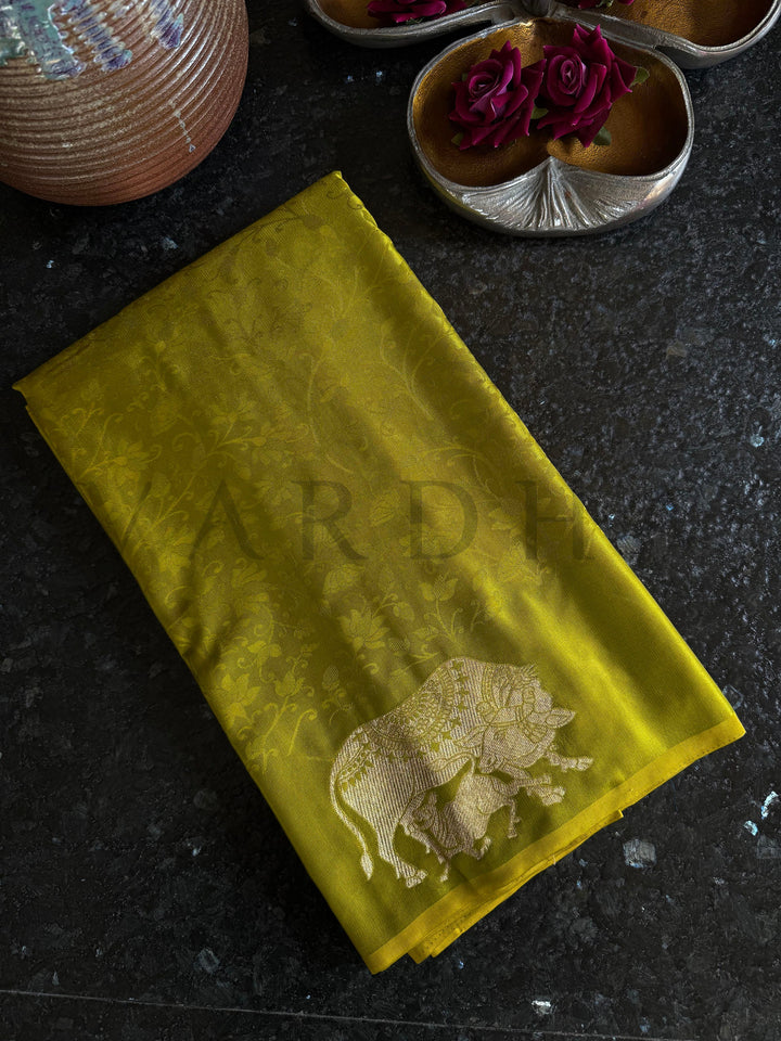 Heritage inspired saree in satin with gold elephant motif accents