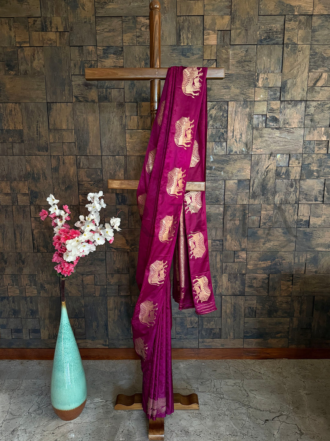 Royal magenta satin saree with rose gold zari elephant woven motifs