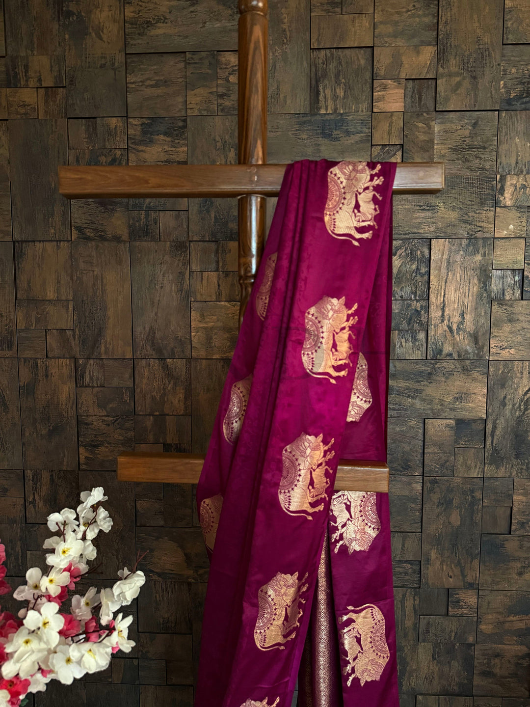 Sangeet perfect magenta saree with satin finish and zari work