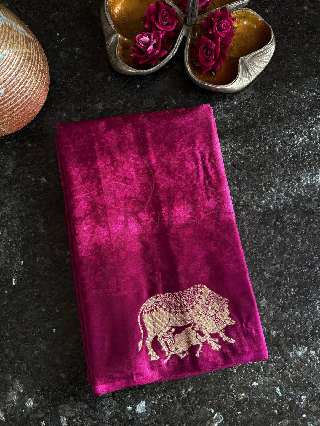 Wedding pre-function saree with elegant zari and lustrous fabric
