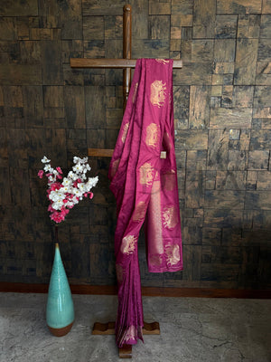 Dusty rose satin saree with rose gold woven zari elephant motifs
