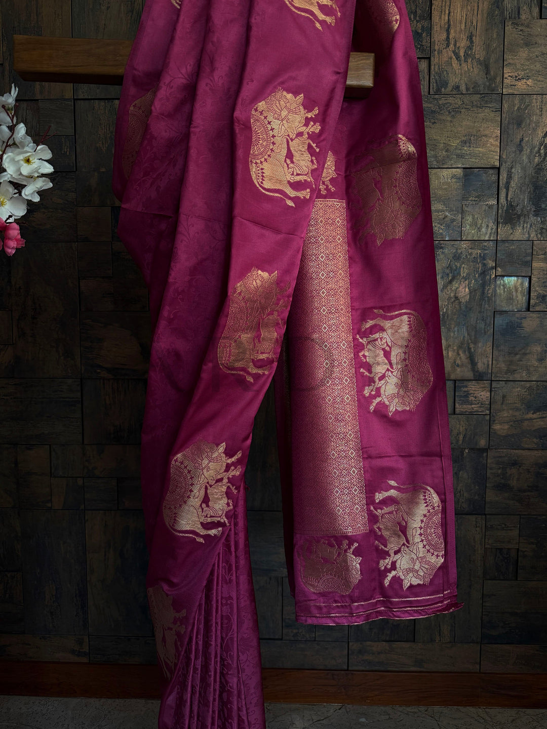 Pooja perfect satin saree with elephant work and glossy drape