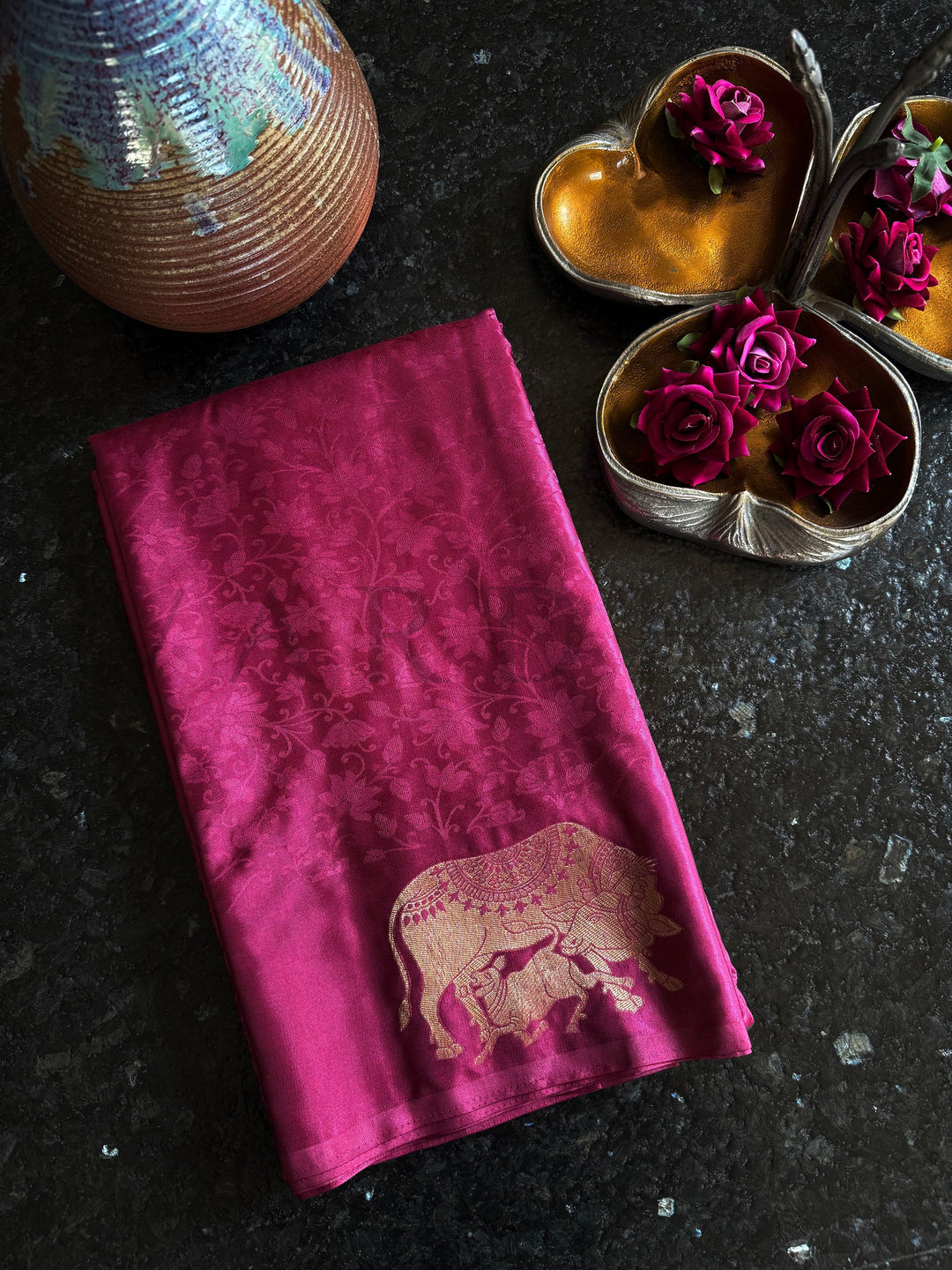 Minimal border dusty pink satin saree with elephant zari pallu