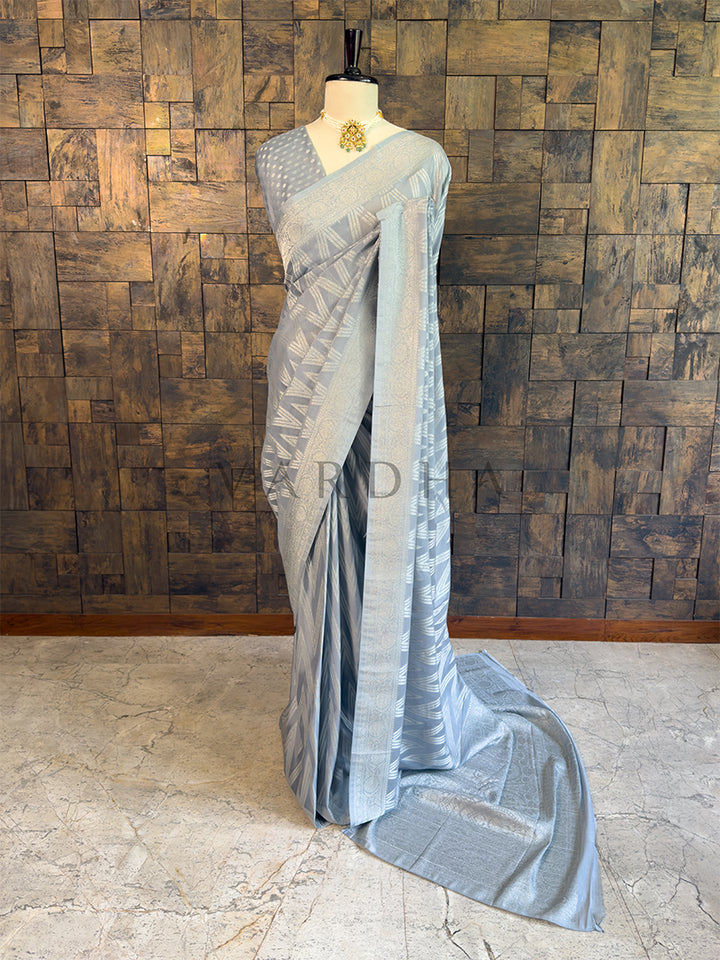 Grey Feather Soft Georgette Saree With Silver Zari