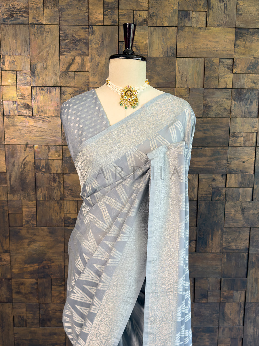 Grey Feather Soft Georgette Saree With Silver Zari
