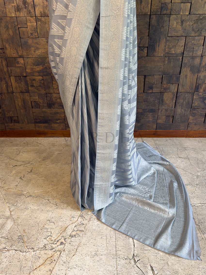 Grey Feather Soft Georgette Saree With Silver Zari
