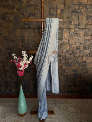 Gray georgette saree with intricate thread work along the border