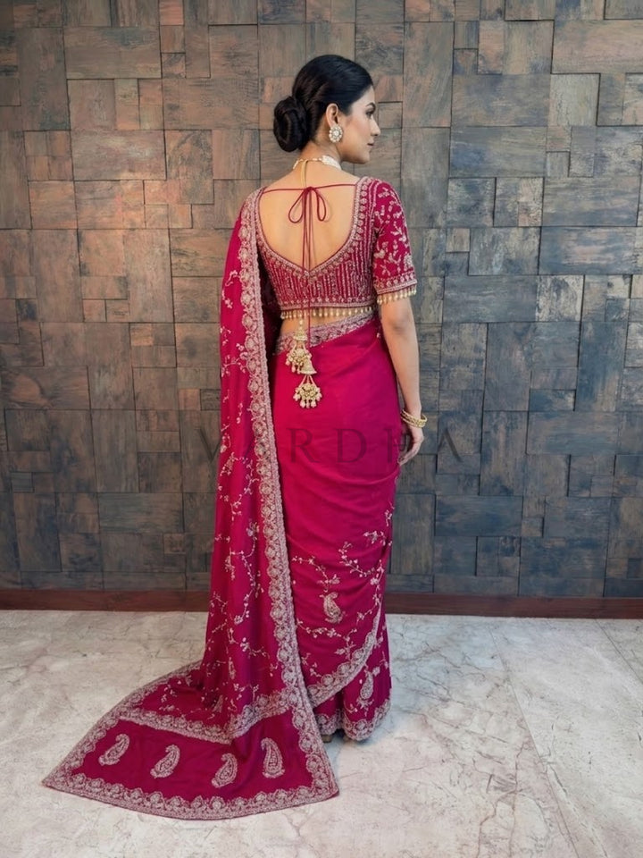 Pink Satin Crepe Handwork Saree with Silver Embroidery Scalloped Bead &amp; Stone Work