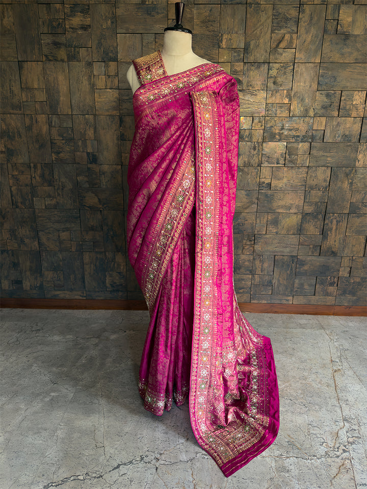 Pink Kanjivaram Silk Saree with Zari Weaving & Handwork