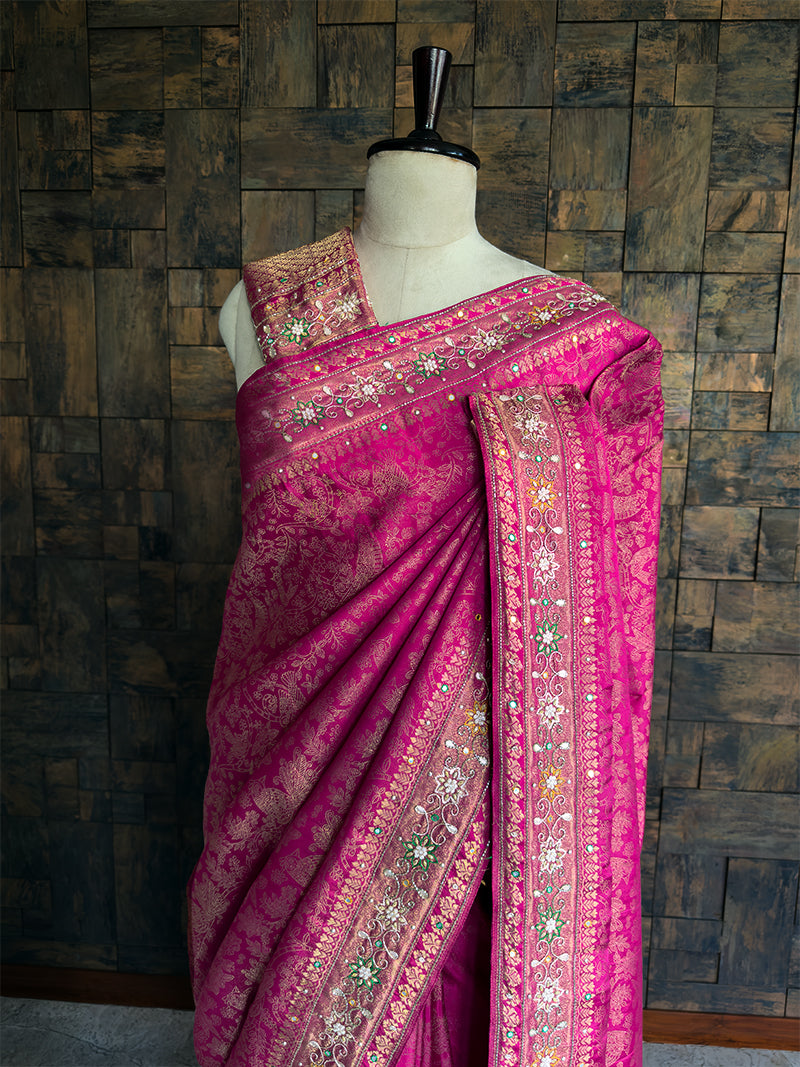 Pink Kanjivaram Silk Saree with Zari Weaving & Handwork