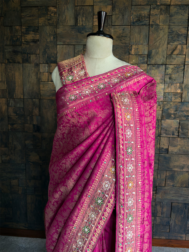 Pink Kanjivaram Silk Saree with Zari Weaving & Handwork