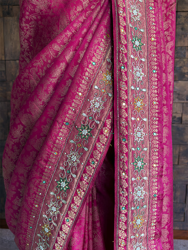 Pink Kanjivaram Silk Saree with Zari Weaving & Handwork