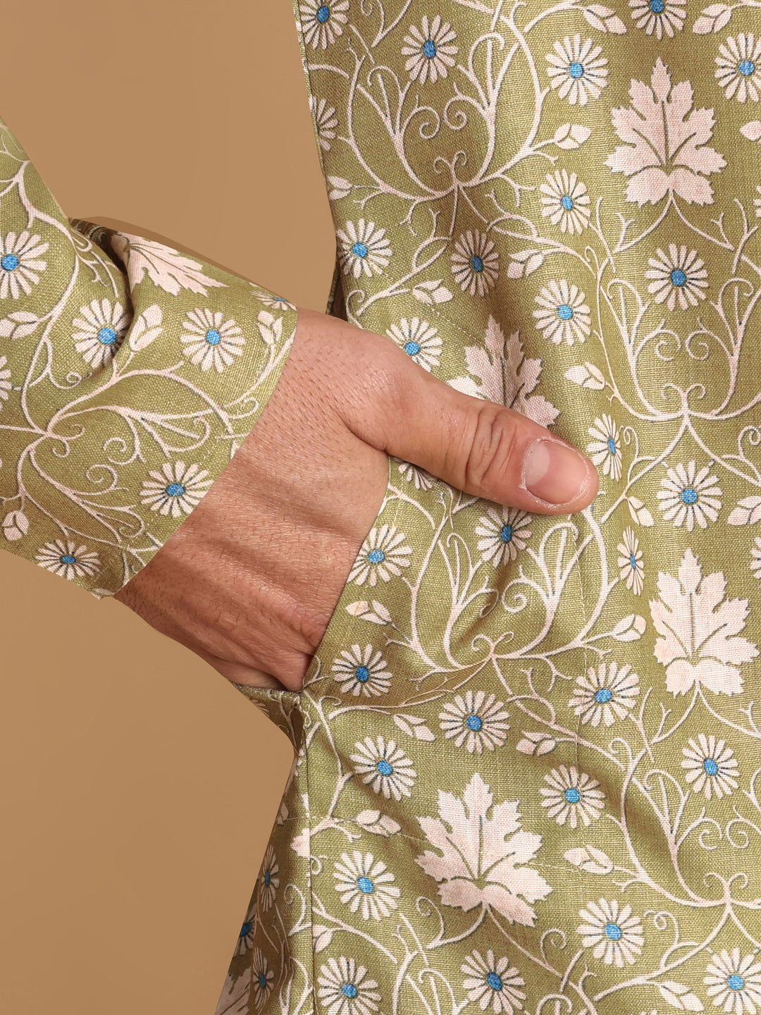 Traditional Green VineHeart Printed Men's Cotton Kurta
