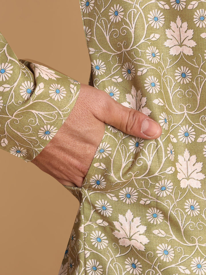 Traditional Green VineHeart Printed Men's Cotton Kurta