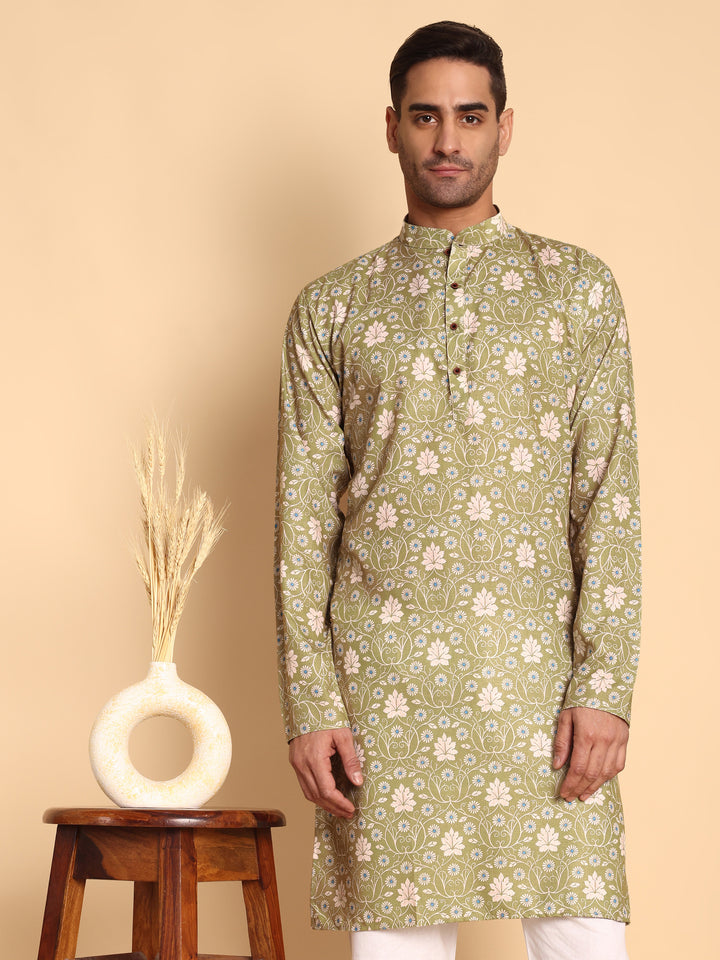 Traditional Green VineHeart Printed Men's Cotton Kurta