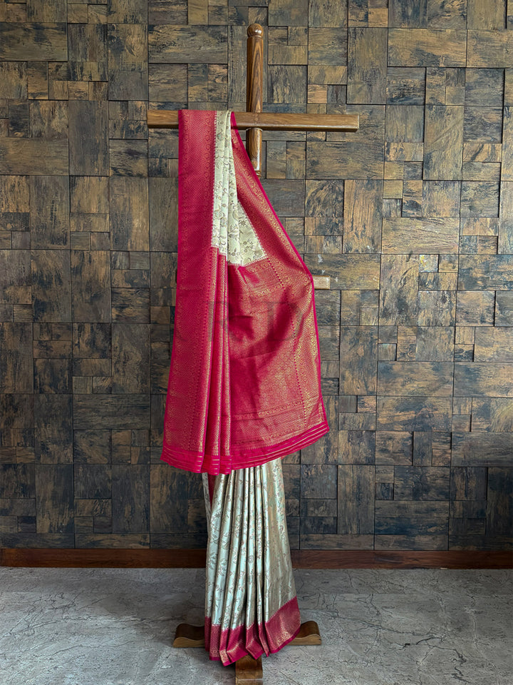 Wine-Cream Woven Kalamkari Art Silk Saree with Zari Work